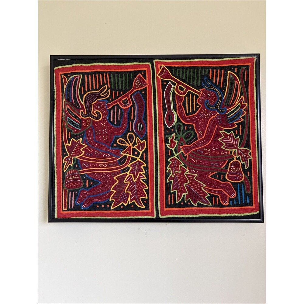 Original Framed MOLA PANAMA KUNA Textile Art Angels Music 16” X 12” Gallery